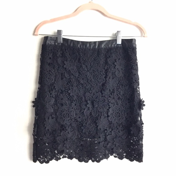 Forever 21 Gorgeous Scalloped Lace with Crochet Flowers and Leather Black Skirt